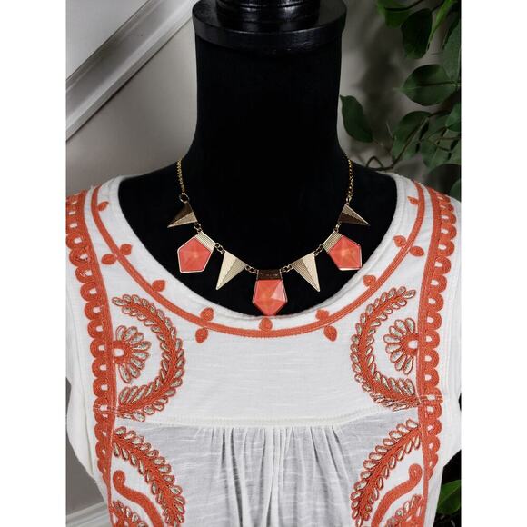 Free People Top Women XS White Orange Embroidered Boho Keyhole Cotton - Picture 3 of 14